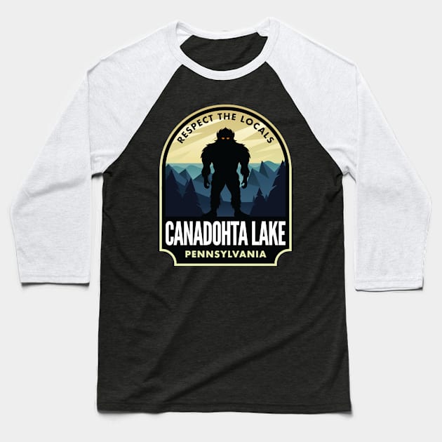 Canadohta Lake Pennsylvania Bigfoot Sasquatch Baseball T-Shirt by HalpinDesign